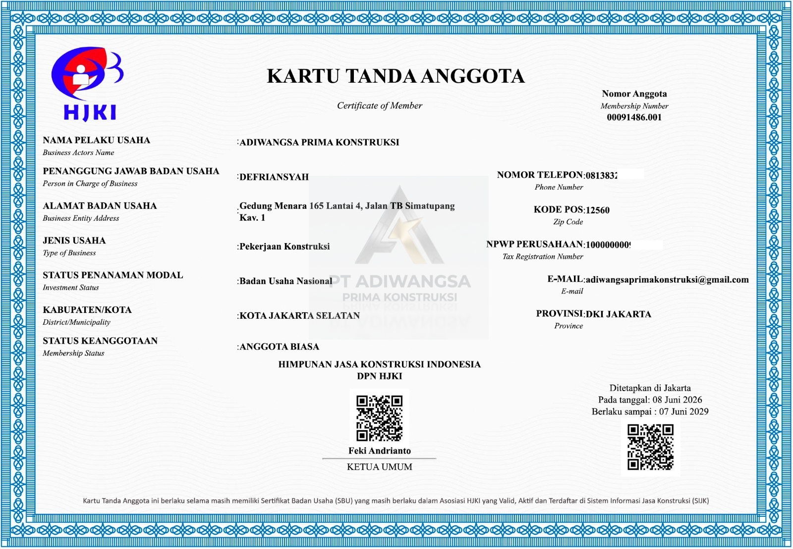 Kartu Tanda Anggota (KTA) PT Adiwangsa