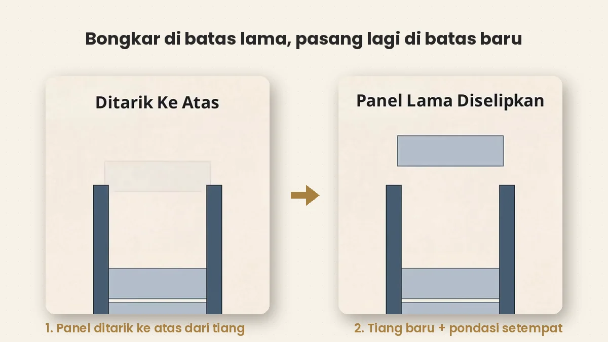Cara memindah pagar beton ke batas lahan baru: panel ditarik ke atas lalu diselipkan di tiang baru berpondasi setempat