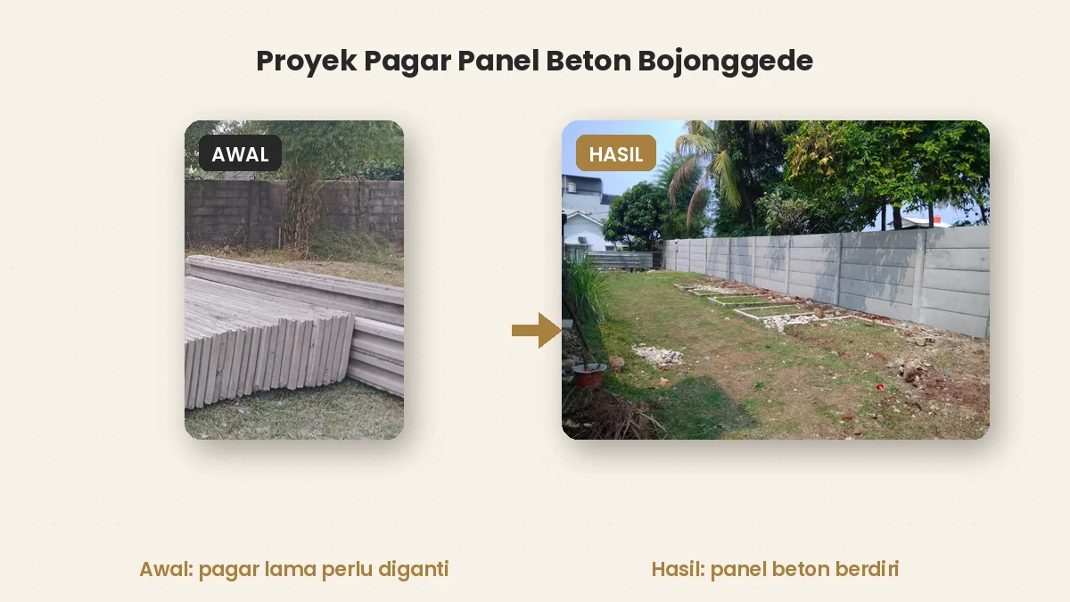 Proyek pagar panel beton Bojonggede sebelum dan sesudah: pagar lama dan panel yang sudah berdiri rapi