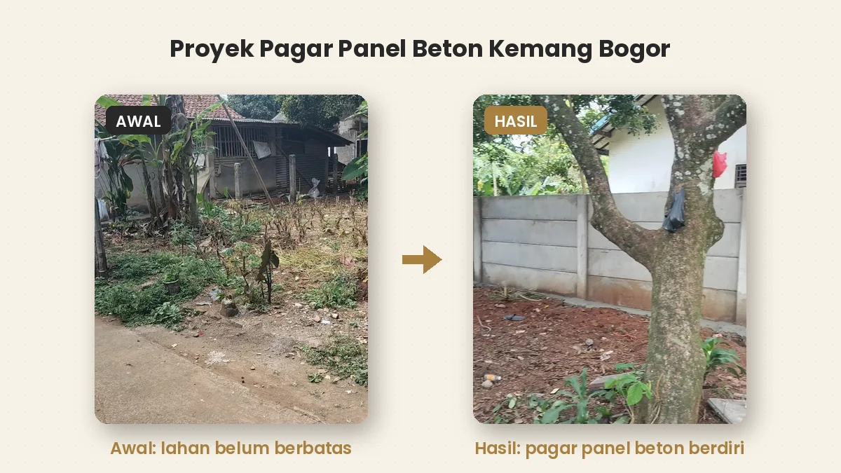 Proyek pagar panel beton Kemang Bogor sebelum dan sesudah: lahan terbuka dan pagar yang sudah berdiri