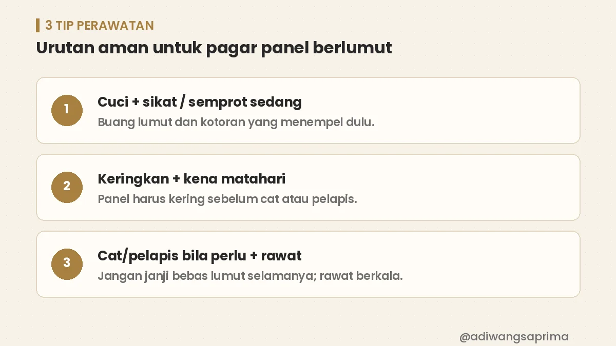 Tiga tip perawatan pagar panel beton berlumut: cuci, kering, cat bila perlu